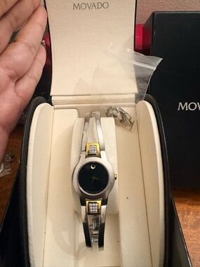 Movado Two-Tone Silver and Gold Women's Bracelet Watch with Black Dial